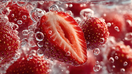 Floating beverage ingredient with fresh strawberries in sparkling water, sweet antioxidant-rich fruit and natural refreshment concept for healthy lifestyle, wellness branding, and summer vitality
