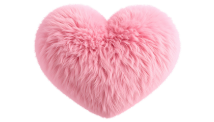 Fluffy 3D pink heart with a soft, plush texture and rounded edges, ideal for romantic, cute, or playful design themes. Isolated on a transparent background, PNG format