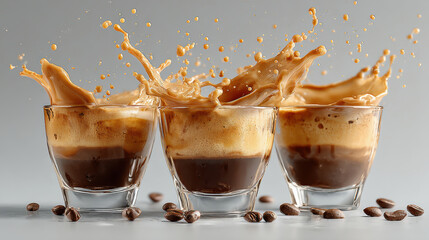 Floating beverage ingredient with espresso coffee splash in three glass cups, premium cafe culture and gourmet coffee layers captured in high-speed motion for beverage branding, lifestyle marketing