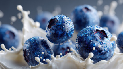 Floating beverage ingredient with fresh blueberries in creamy milk splash, antioxidant-rich superfood vitality and healthy indulgence concept for wellness branding, lifestyle marketing, and nutritious