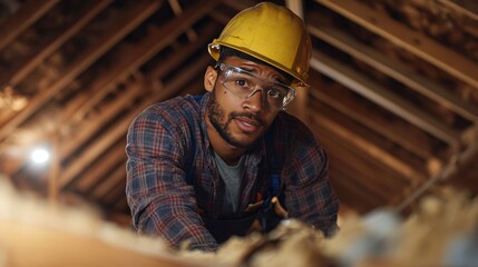 A man in safety gear inspects an attic, showcasing a hands-on approach to construction and renovation work.