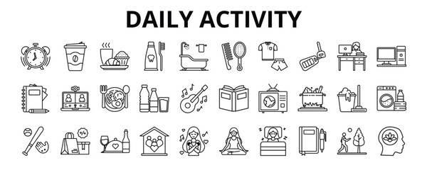 30 Daily Activity Line Icons Vector - Breakfast, Shower, Laundry, Hobbies, Sleep, Shopping, Cooking, Meeting