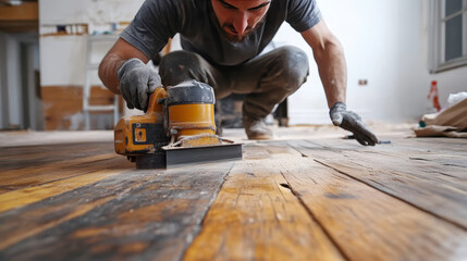 A man is working on refinishing wooden floors using a power sander, focusing on precision in a partially renovated room.