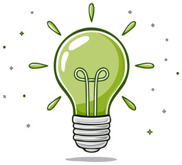 Green Light Bulb Cartoon Representing Creativity and Bright Ideas Concept, Eco Energy