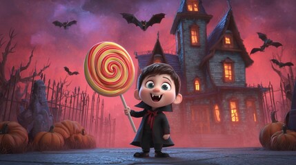 A smiling vampire child holding a giant lollipop standing in front of a hounted mansion