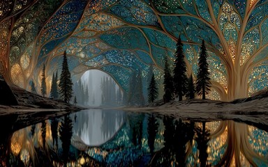 Mystical Woodland Realm: Bioluminescent Trees and Reflective Lake in an Enchanted Landscape
