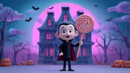 A smiling vampire child holding a giant lollipop standing in front of a hounted mansion