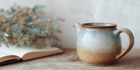Mug of coffee sits on a wooden table next to a book