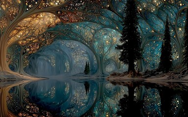Mystical Woodland Realm: Bioluminescent Trees and Reflective Lake in an Enchanted Landscape