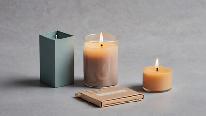 Scented candle and matchbox on soft grey background