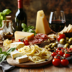 Dinner table with Italian cuisine feast. A gourmet spread featuring cheese, wine, and assorted meats and vegetables on a rustic wooden table.