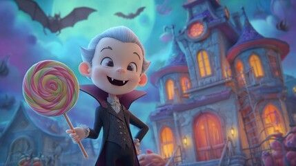 A smiling vampire child holding a giant lollipop standing in front of a hounted mansion