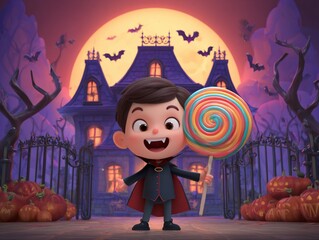 A smiling vampire child holding a giant lollipop standing in front of a hounted mansion