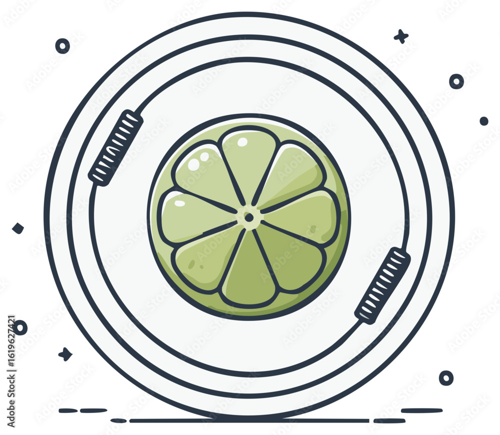 Poster stylish circular emblem featuring a lime slice, surrounded by concentric rings and abstract decorati
