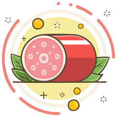 Cartoon sausage illustration with geometric decoration and leaves