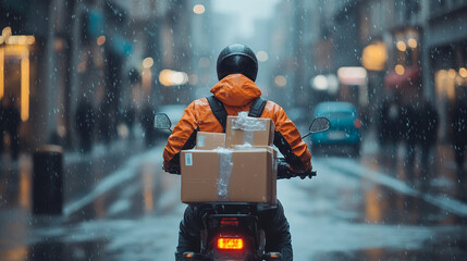 A delivery rider in an orange jacket navigates a rainy urban street, carrying packages on a motorcycle.