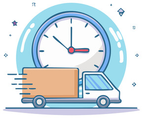 Express delivery truck with a large clock illustration for fast shipping service