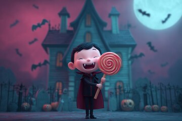 A smiling vampire child holding a giant lollipop standing in front of a hounted mansion