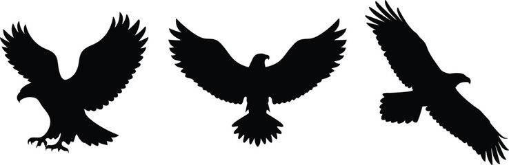 three black eagle silhouettes, one with wings spread, one perched, and one mid-flight, dark monochrome, minimalistic, digital art, realistic
