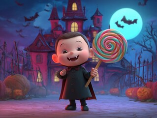A smiling vampire child holding a giant lollipop standing in front of a hounted mansion