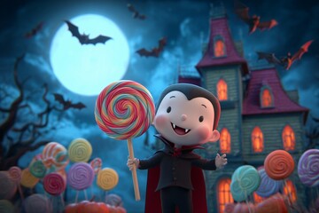 A smiling vampire child holding a giant lollipop standing in front of a hounted mansion