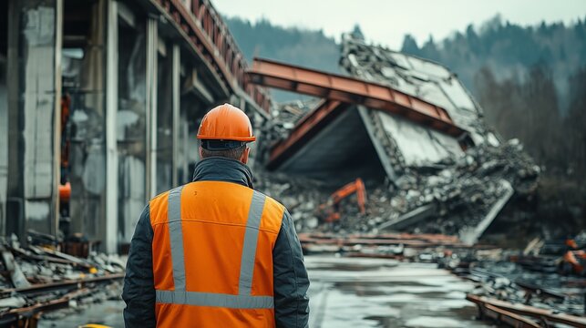 A construction worker surveys a collapsed structure, highlighting the impact of structural failure and safety in construction sites.