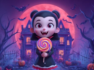 A smiling vampire child holding a giant lollipop standing in front of a hounted mansion