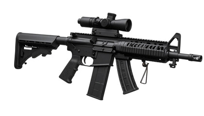 Modern assault rifle equipped with a stabilizing brace, isolated on a transparent background (PNG format). 