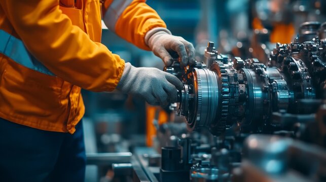 A worker in an orange jacket repairs machinery in an industrial setting, showcasing precision and technical expertise in mechanical assembly.