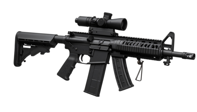 Modern assault rifle equipped with a stabilizing brace, isolated on a transparent background (PNG format). 