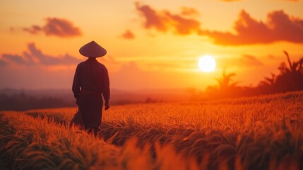 A silhouette of a person in a straw hat stands in a golden field during sunset, with vibrant clouds in the sky, creating a serene and picturesque landscape.