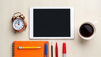 overhead view of a tablet computer and office supplies on a wooden desk