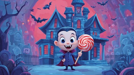 A smiling vampire child holding a giant lollipop standing in front of a hounted mansion