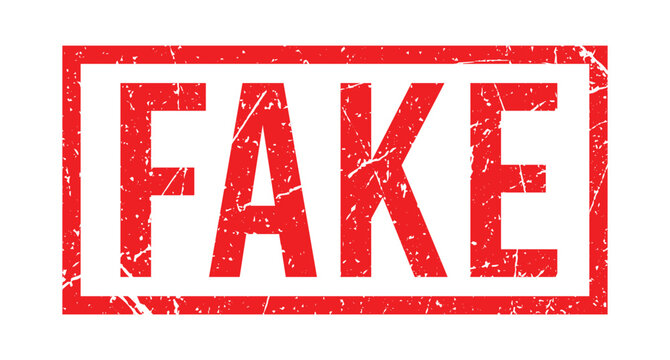 Fake stamp in red grunge style with halftone texture, bold vector label for fraud warning design