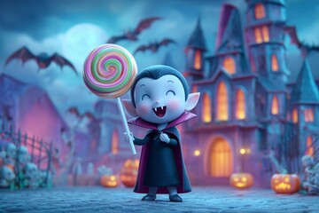 A smiling vampire child holding a giant lollipop standing in front of a hounted mansion