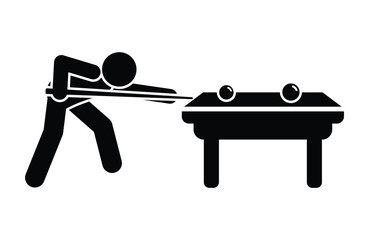 Stick figure playing pool - simple black silhouette on white background. Minimalist billiard table vector icon for sports graphics, bar decor, and game night designs. 