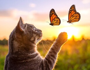 A grey tabby cat watches two monarch butterflies at sunset, paw raised playfully