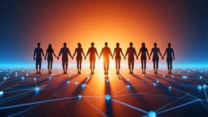 A diverse group of people standing together holding hands with a bright light illuminating them from behind