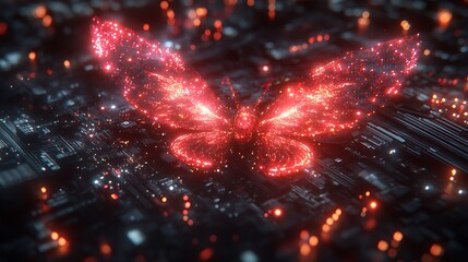 A glowing butterfly design on a circuit board.