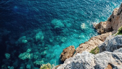 Azure water lapping against a rocky cliff face