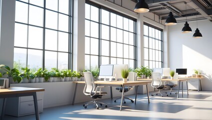 Modern Open Plan Office Space With Natural Light And Greenery