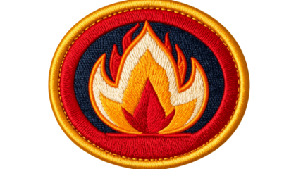 Embroidered fire patch badge with vibrant flame design, isolated on a transparent background PNG format.