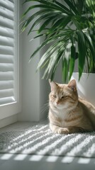 Orange Tabby Cat Resting in Sunlight by Window with Plant