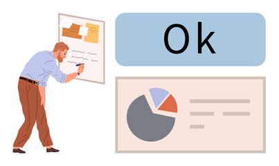 Man writing task notes on board near charts and Ok confirmation. Ideal for project management, teamwork, productivity, analytics, business strategy, approval, goal setting. Simple flat metaphor