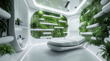 Clean, futuristic room w/ plants on walls & bed
