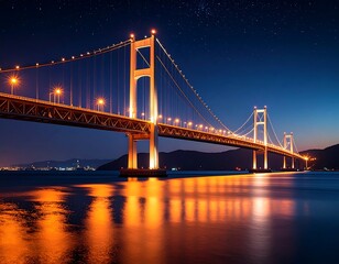 Illuminated suspension bridge at night over water