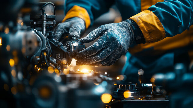 A close-up of hands in gloves working on a mechanical engine, showcasing the intricate details of machinery and tools in a workshop setting.