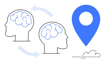 Two human heads with brains linked by arrows, accompanied by a large location pin. Ideal for communication, collaboration, innovation, knowledge sharing, navigation, education, mental connection