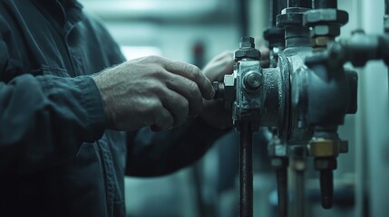 A technician adjusts a valve in an industrial setting, showcasing hands-on work with machinery and equipment.
