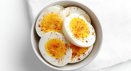 Sliced hard-boiled eggs in a white bowl, seasoned with a sprinkle of spice